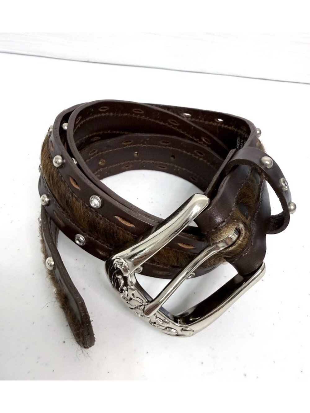 Western Cowhide Hair Leather Studded Belt Silver Buckle Women's Size M (31-35)